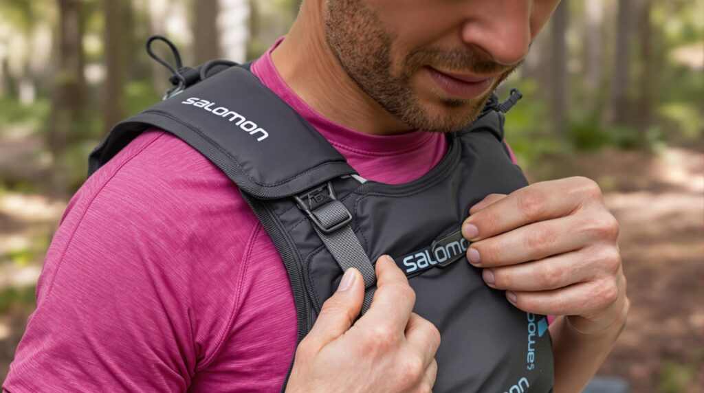 En närbild på en löpare som justerar det anpassningsbara spännsystemet på sin Salomon SENSE PRO 6 hydration vest. 