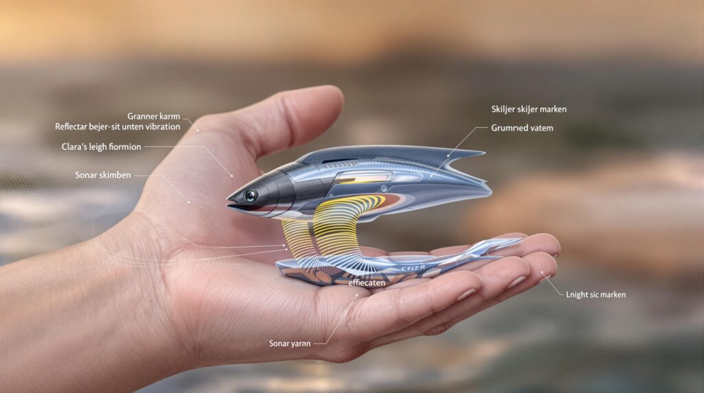 En hand som håller ett av de nya, tekniskt avancerade fiskebetena för 2025. 
