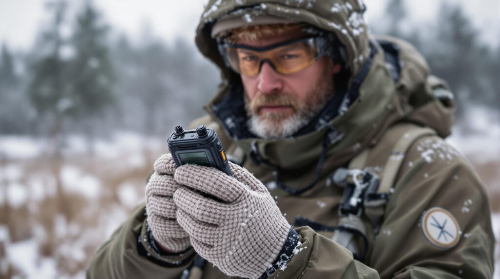 Man som använder walkie-talkie