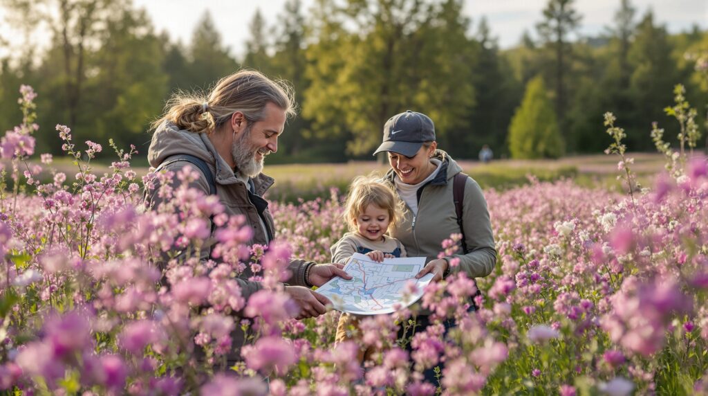 Diiskuterar på en blomstrande äng. 