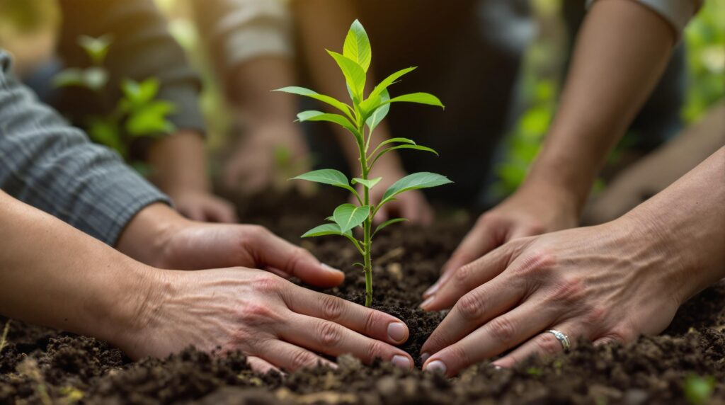 A close-up, emotional scene showing a family planting a young tree in a dense, lush forest during a green burial ceremony. The focus is on the hands of family members, of varying ages, working together to place the tree into the soil, symbolizing the planting of life and continuity. This intimate moment reflects personal connection, ecological awareness, and the nurturing of a new life as a living memorial in the natural surroundings.
